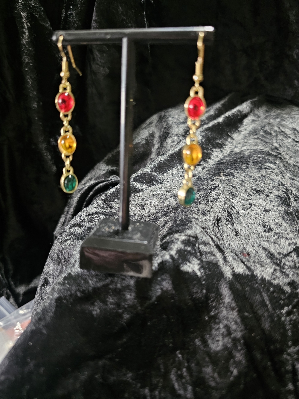 Gold Drop Earrings with Red, Amber and Green Stones